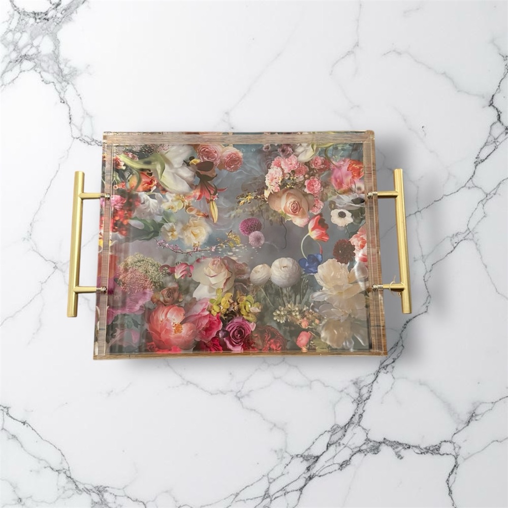 Floral Acrylic Serving Tray with Gold Handles
